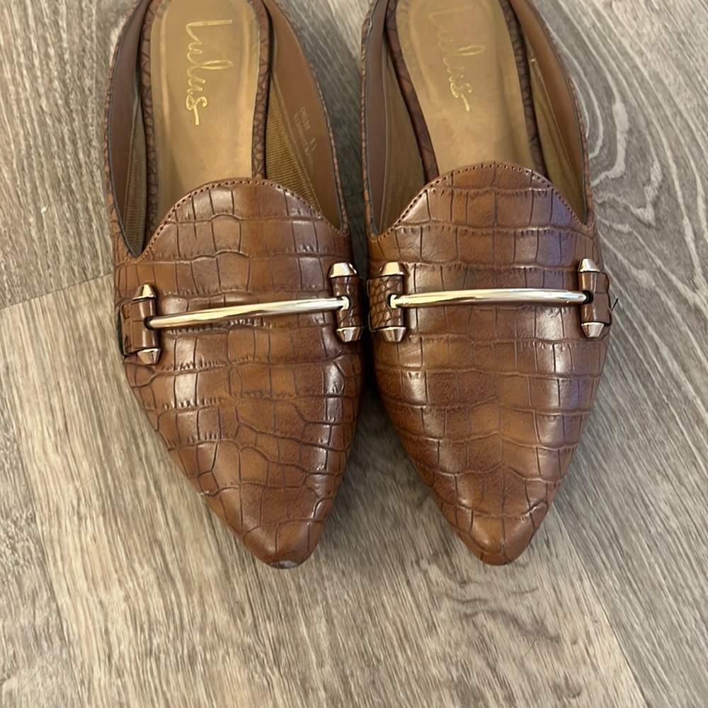 Chelsie Brown Crocodile Embossed Pointed-Toe Loafer Slides